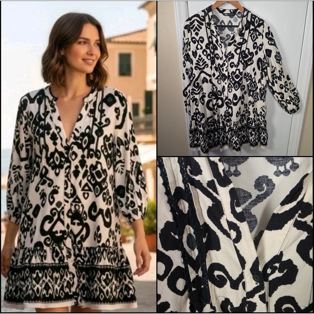 Zara Mini Linen Dress Size L Ruffle Trim Long Sleeve Black White V Neck Boho
